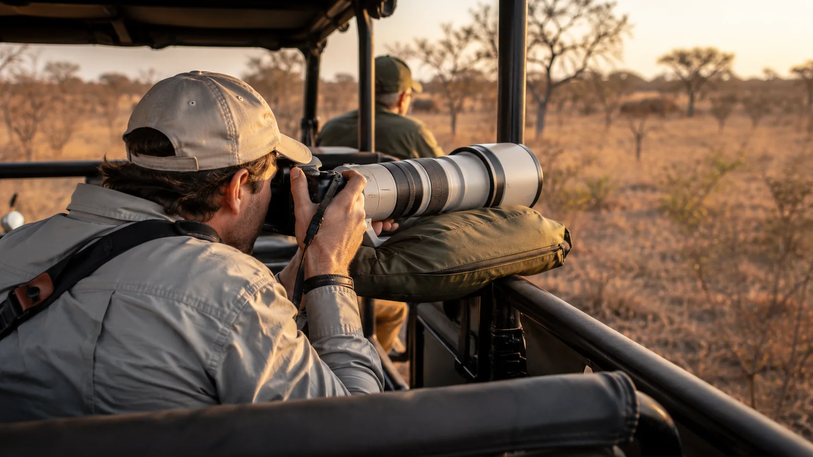 Professional wildlife photographer with long telephoto lens mounted on a beanbag in an open safari vehicle at golden hour with warm African light, safari photography equipment travel