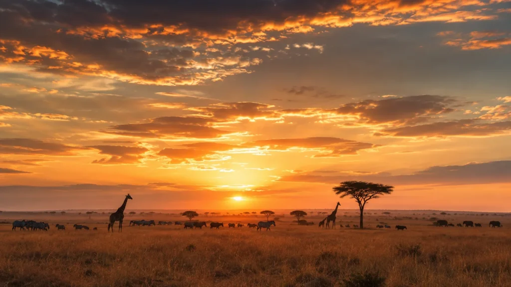 Best time for african safari — golden African savanna landscape at sunset with scattered wildlife silhouettes and dramatic sk