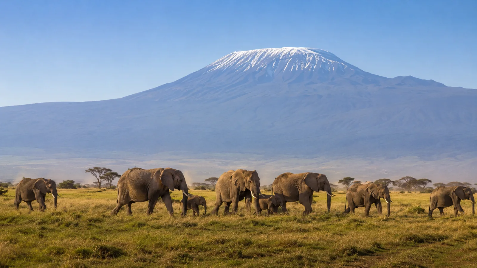 Elephant herd walking through transitional landscape of green and golden grass in Amboseli with clear skies and Mount Kilimanjaro behind, early dry season African safari photography