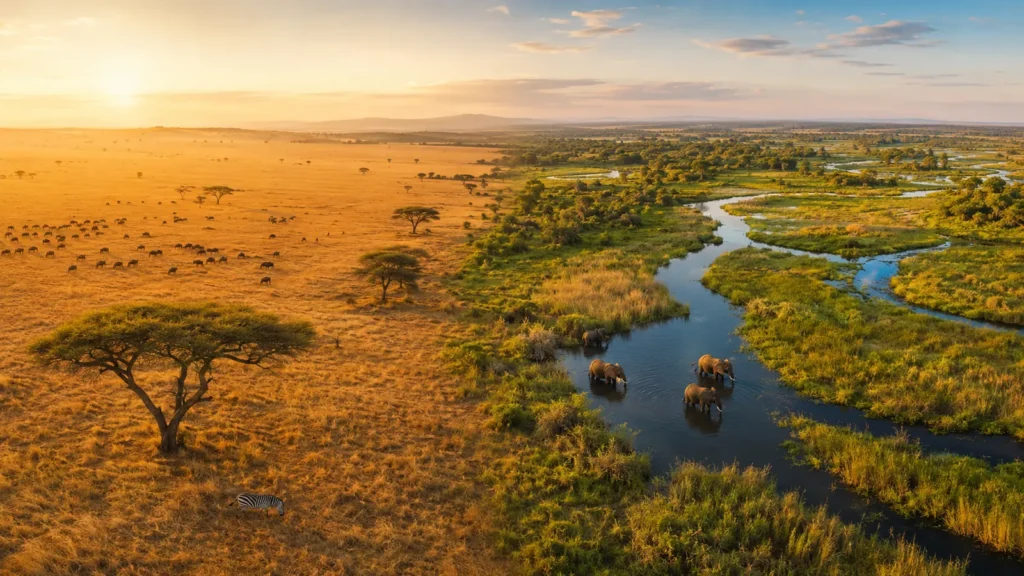 East Africa vs Southern Africa safari — split panoramic showing golden Serengeti plains on one side and the Okavango Delta gr