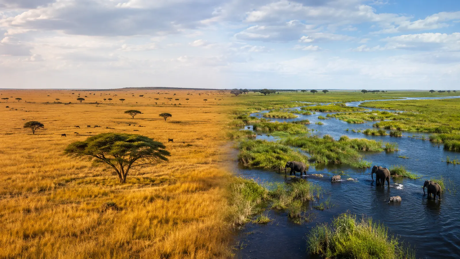 Split composition showing golden East African savanna plains on one side and Botswana Okavango Delta waterways on the other, safari region comparison travel photography