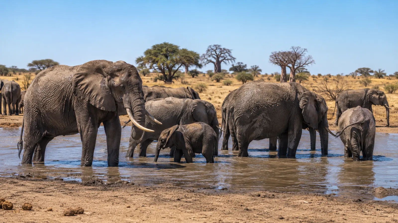 Elephants gathered at a waterhole during the dry season with golden dry grass and clear blue sky, optimal game viewing conditions for a first safari in Africa photography
