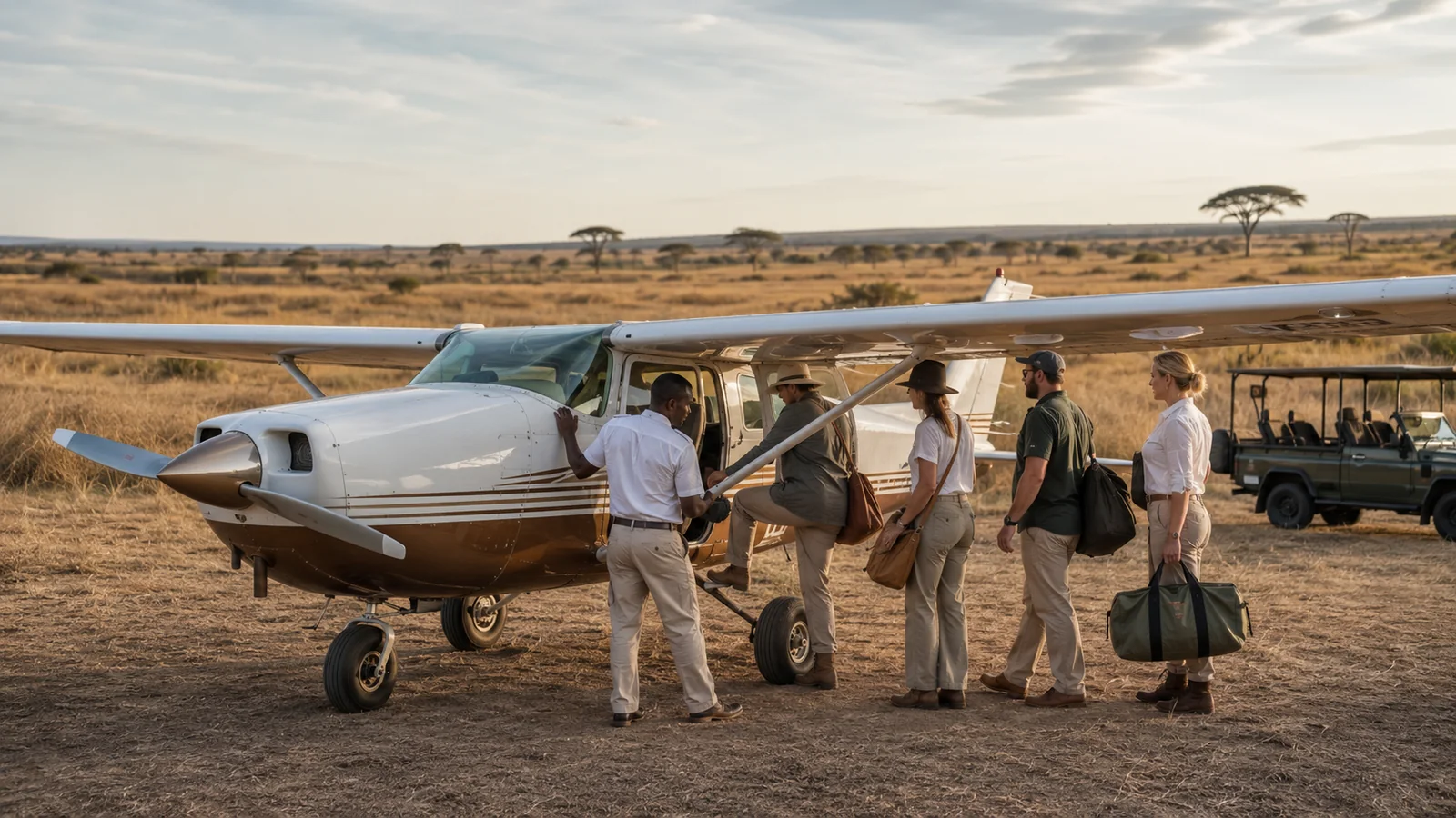 Light aircraft parked on a bush airstrip with safari guests boarding and golden savanna landscape behind, fly-in safari logistics for first-time travelers photography
