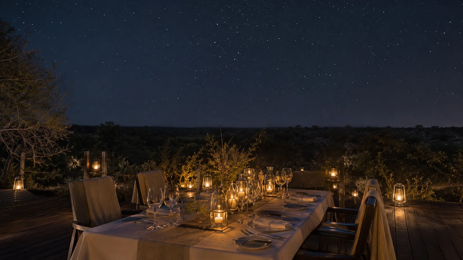 Luxury safari lodge dining setup under the stars with lanterns and a set table overlooking the African bush at night, refined first safari experience photography