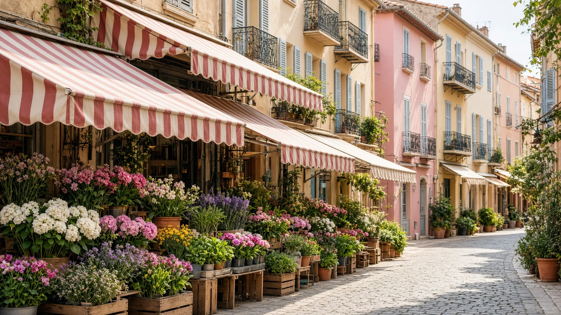 Open air market with flower stalls and striped awnings on a narrow old town street beside pastel facades in bright morning light, editorial travel photography