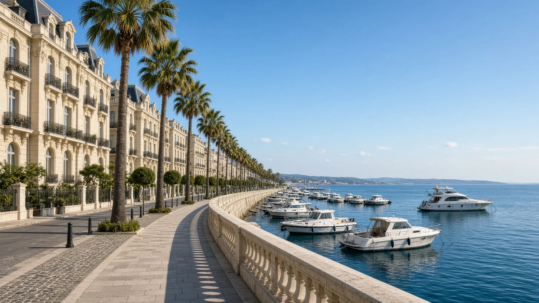 Curved Mediterranean seafront promenade with palm trees, grand facades and moored boats under clear late spring light, editorial travel photography