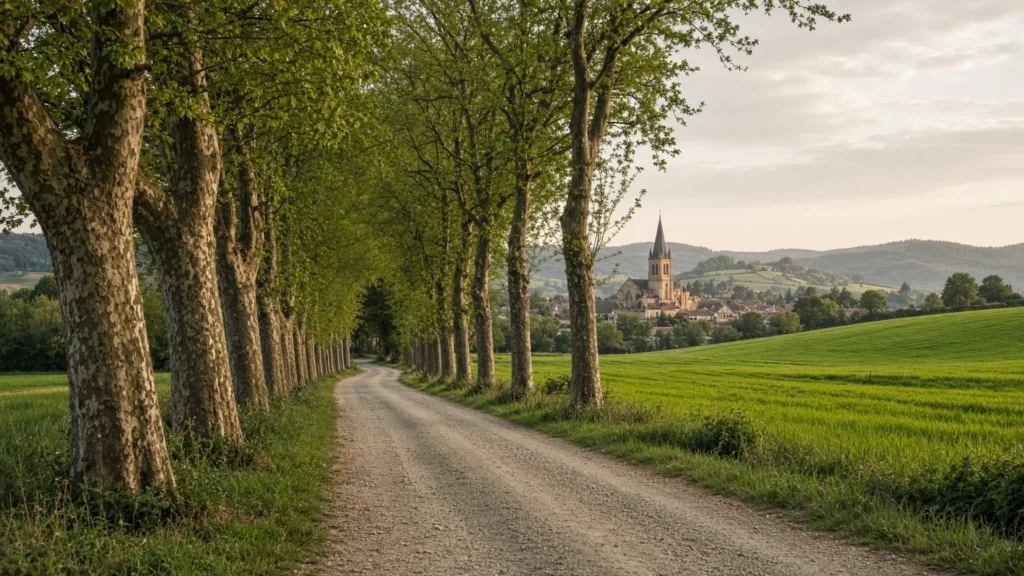 Best time to visit France - tree lined country road crossing green fields toward a village church tower under soft seasonal l