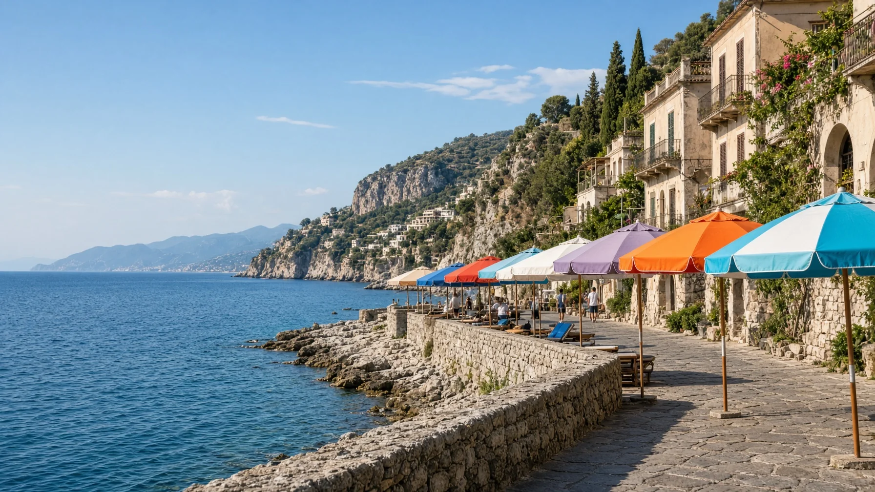 Mediterranean seafront with parasols, calm blue water and a stone promenade under clear early summer light with few people present, editorial travel photography