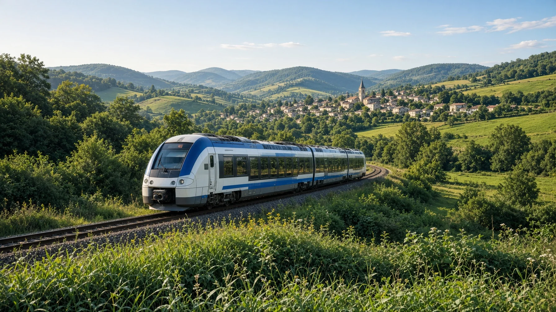 Regional train crossing green countryside with hills and a distant village under clear morning light, seen from a low angle, editorial travel photography