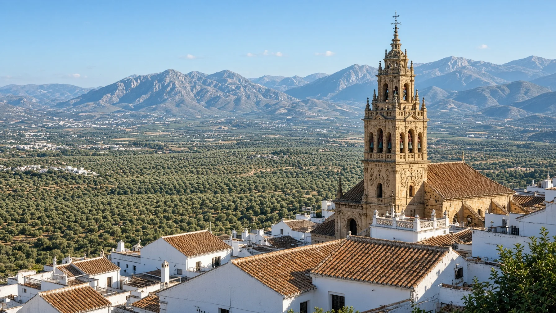 Best time to visit Spain - sunlit Andalusian rooftops and a bell tower above olive country with distant mountains in clear spring light, editorial luxury travel photography