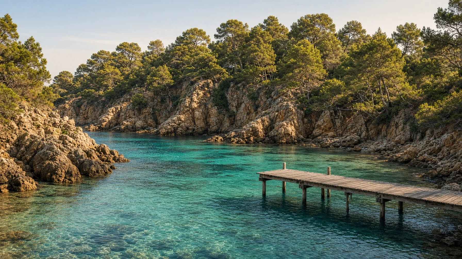 Rocky Mediterranean cove with clear turquoise water, pine trees on the cliffs and a small wooden jetty in soft autumn light, editorial travel photography