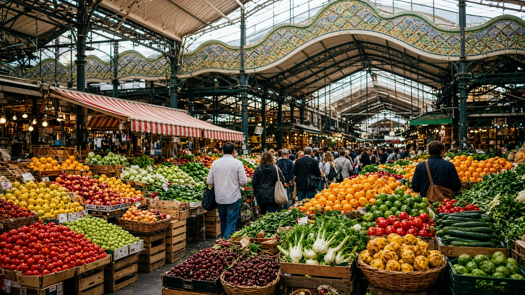 Covered market hall with a wavy coloured tiled roof, produce stalls and shoppers under soft daylight in an old city district, editorial food travel photography