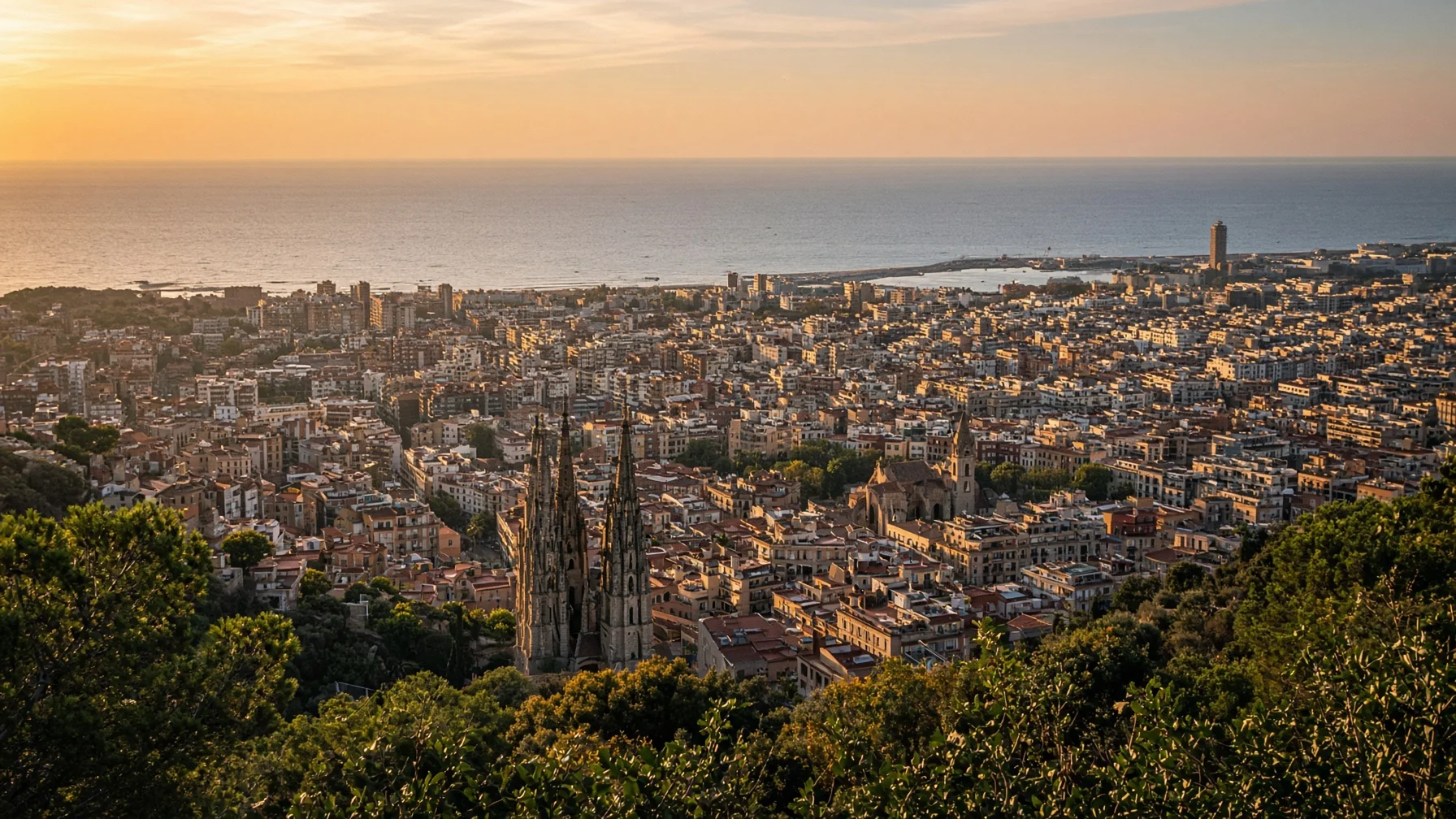 View over a dense city grid toward the sea from a wooded hillside at golden hour with rooftops and church spires below, editorial travel photography