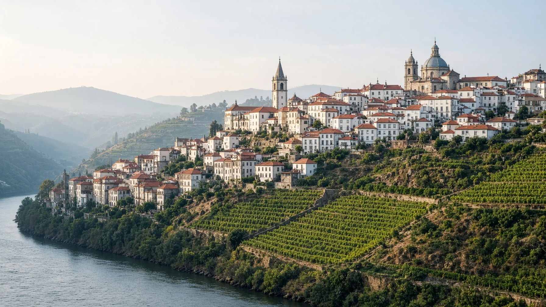 Hillside town of pale houses and church towers above a river valley with vineyards on the slopes in soft morning light, editorial travel photography