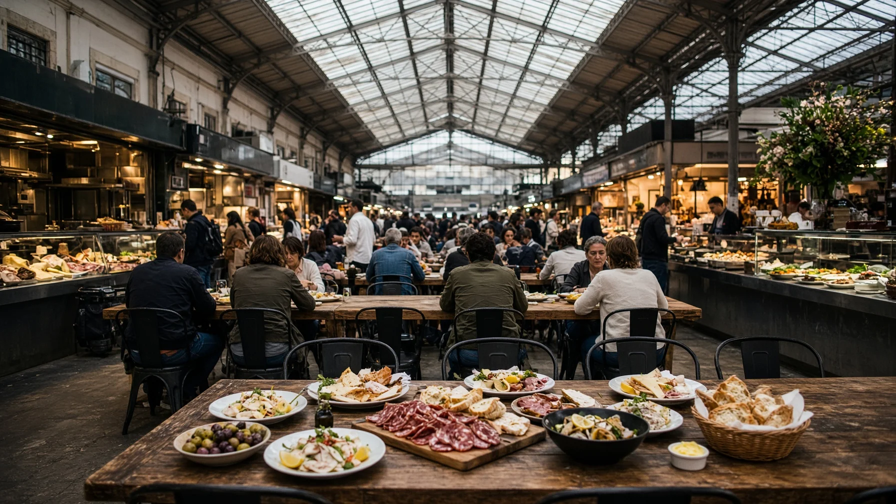 Covered market hall with long shared tables, food counters and high iron roof under natural daylight, editorial food travel photography