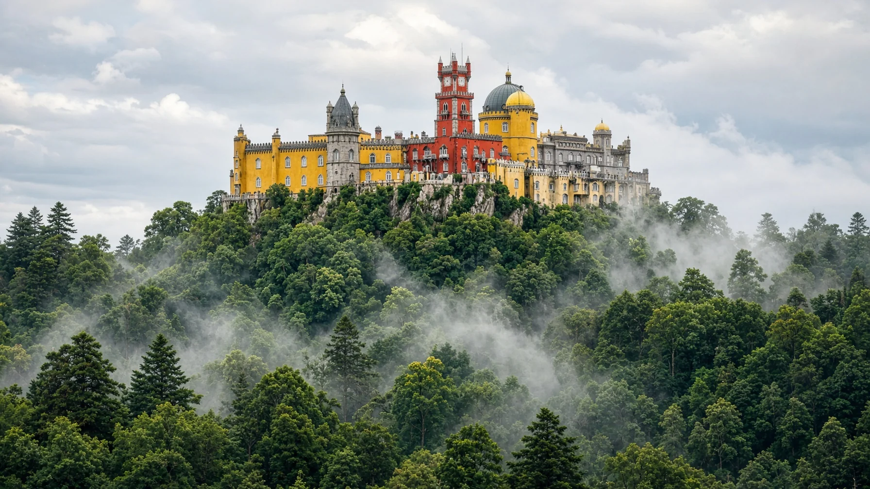 Romantic hilltop palace with coloured towers rising above dense green forest with mist drifting through the trees, editorial travel photography