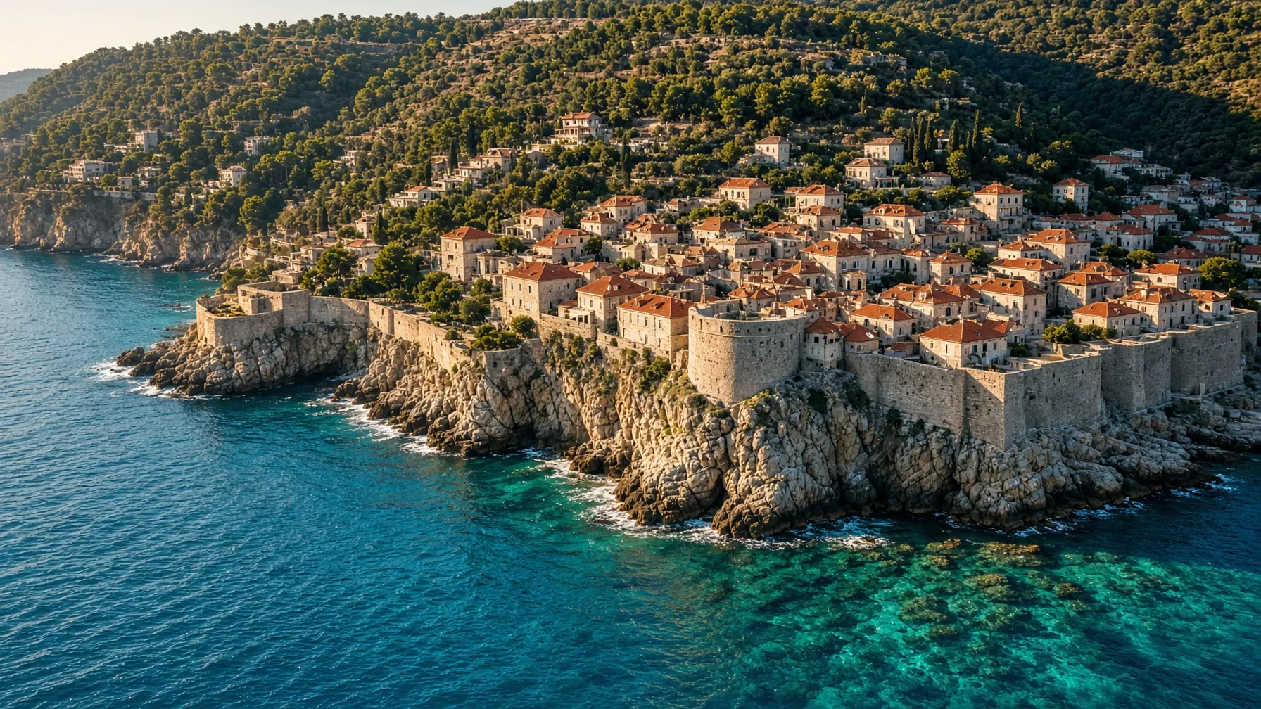 Best time to visit Croatia - stone coastal town on a peninsula above clear Adriatic water with pine slopes behind in warm late summer light, editorial luxury travel photography