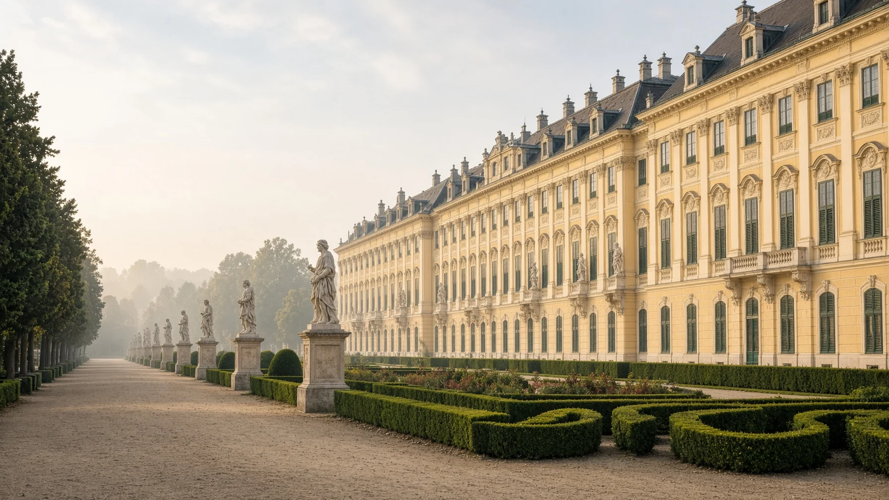 Things to do in Vienna - baroque palace wing and formal gardens under soft morning light with statues along a gravel avenue, editorial luxury travel photography