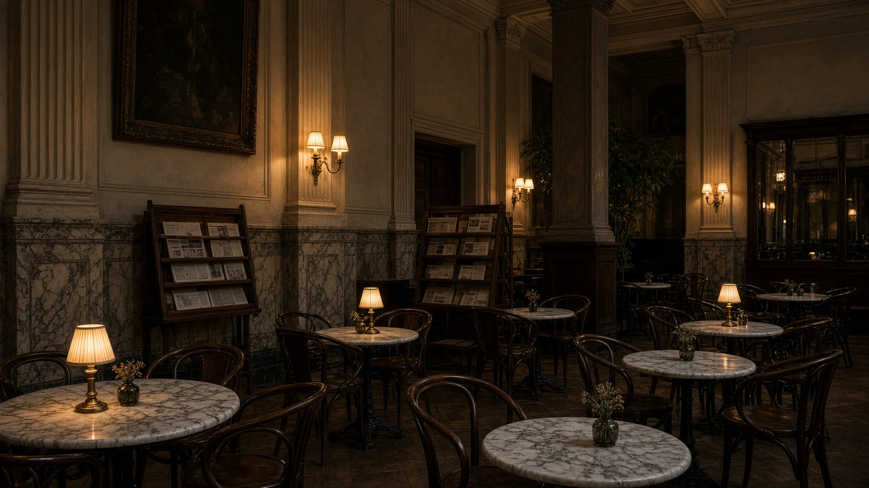 High ceilinged coffee house interior with marble tables, bentwood chairs, newspaper racks and warm lamp light, editorial interior photography