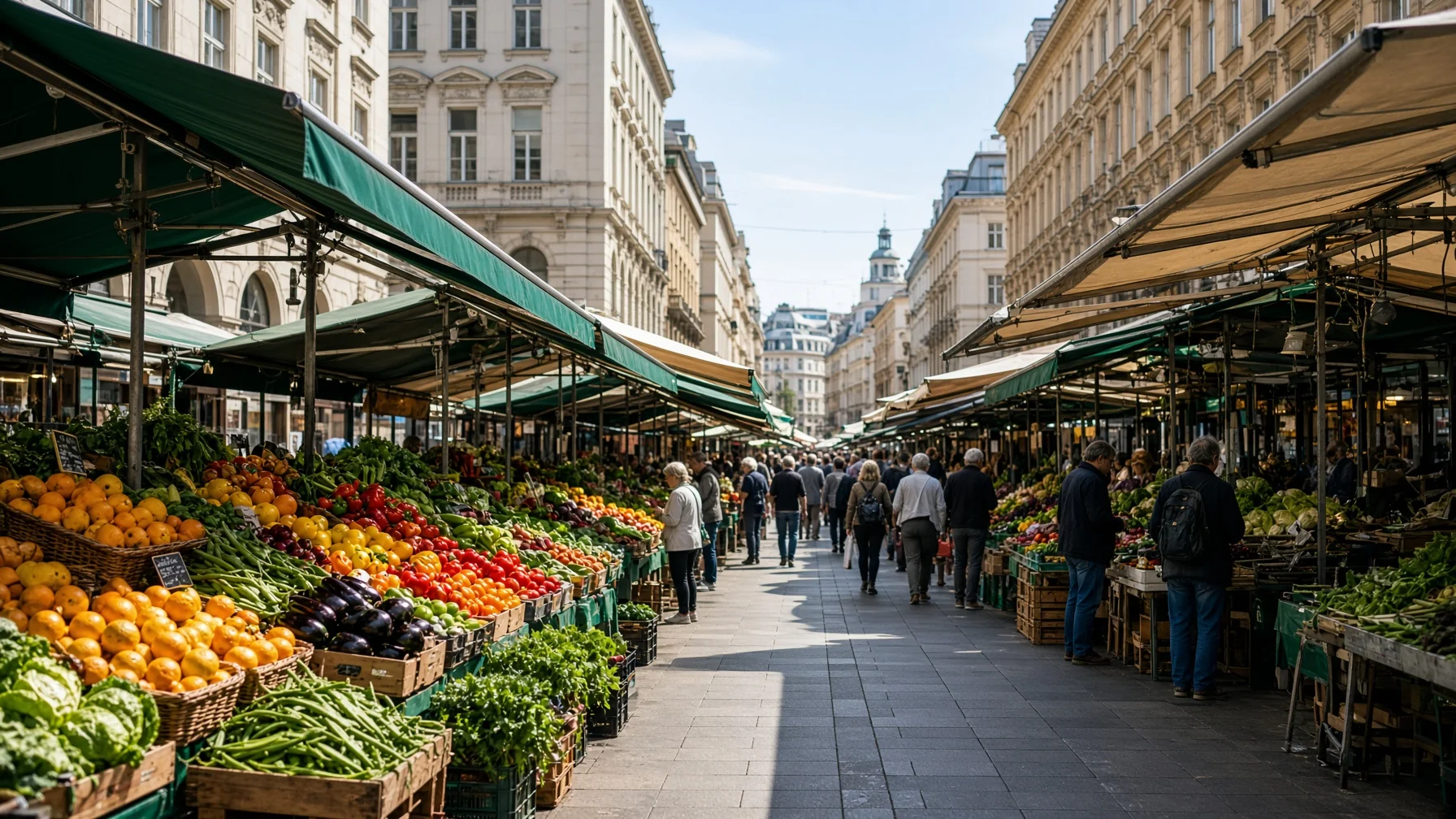 Long open air market aisle with produce stalls, awnings and shoppers between tall city buildings in bright daylight, editorial food travel photography