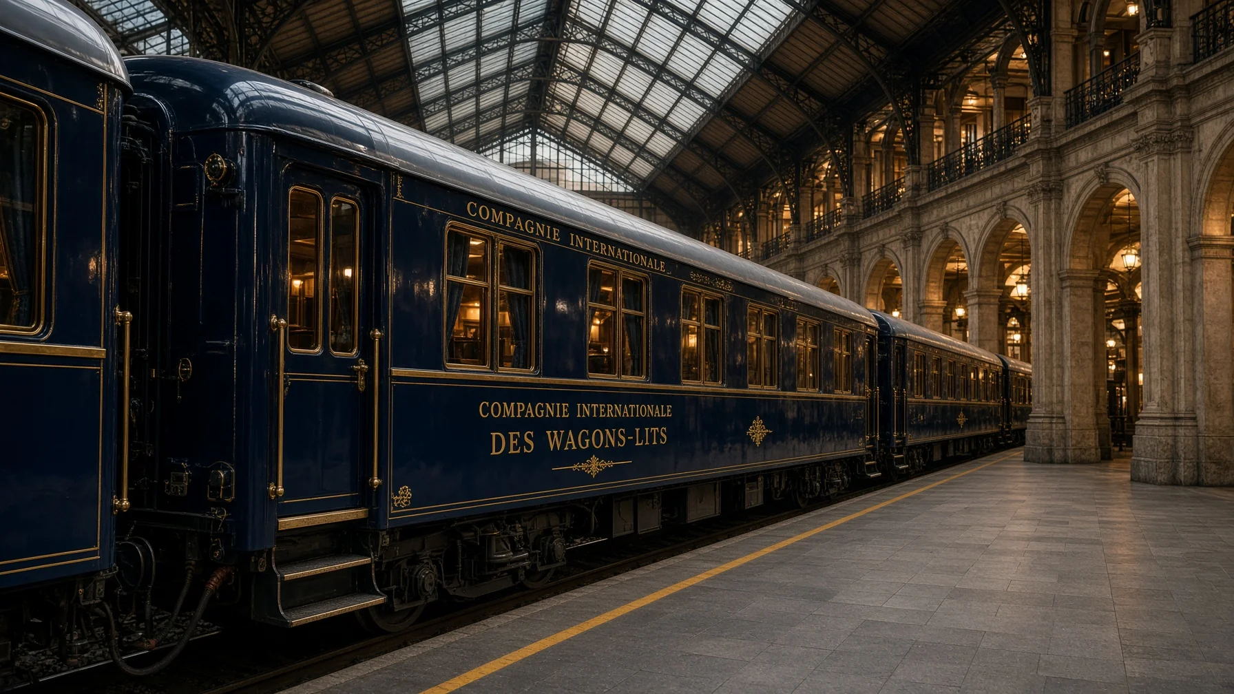 Luxury train journeys Europe - dark blue vintage sleeping car with gold lettering standing at a grand station platform under warm light, editorial luxury travel photography