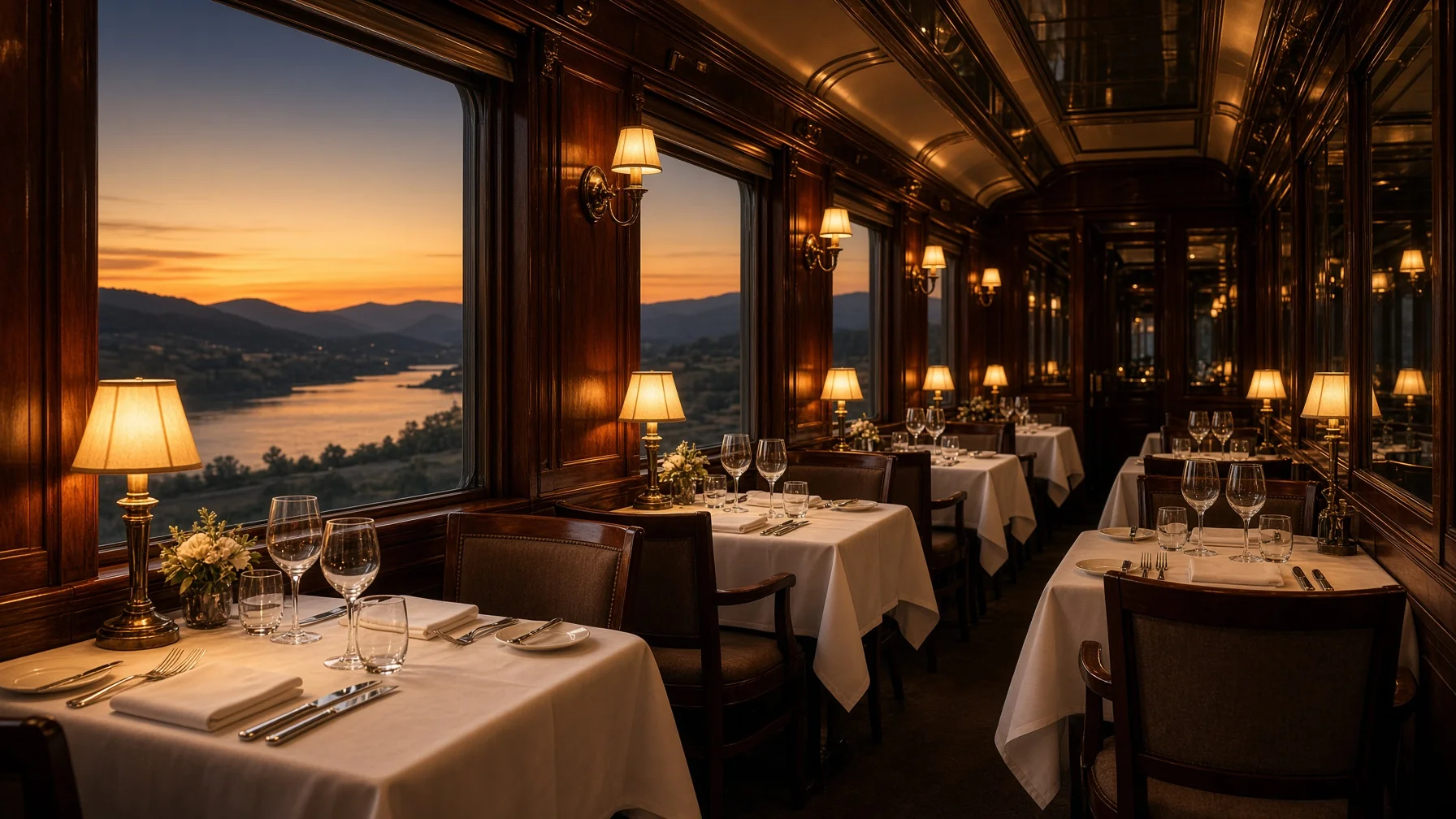 Vintage dining car with white linen, art deco lamps, glass panels and set tables beside large windows in warm evening light, editorial travel photography