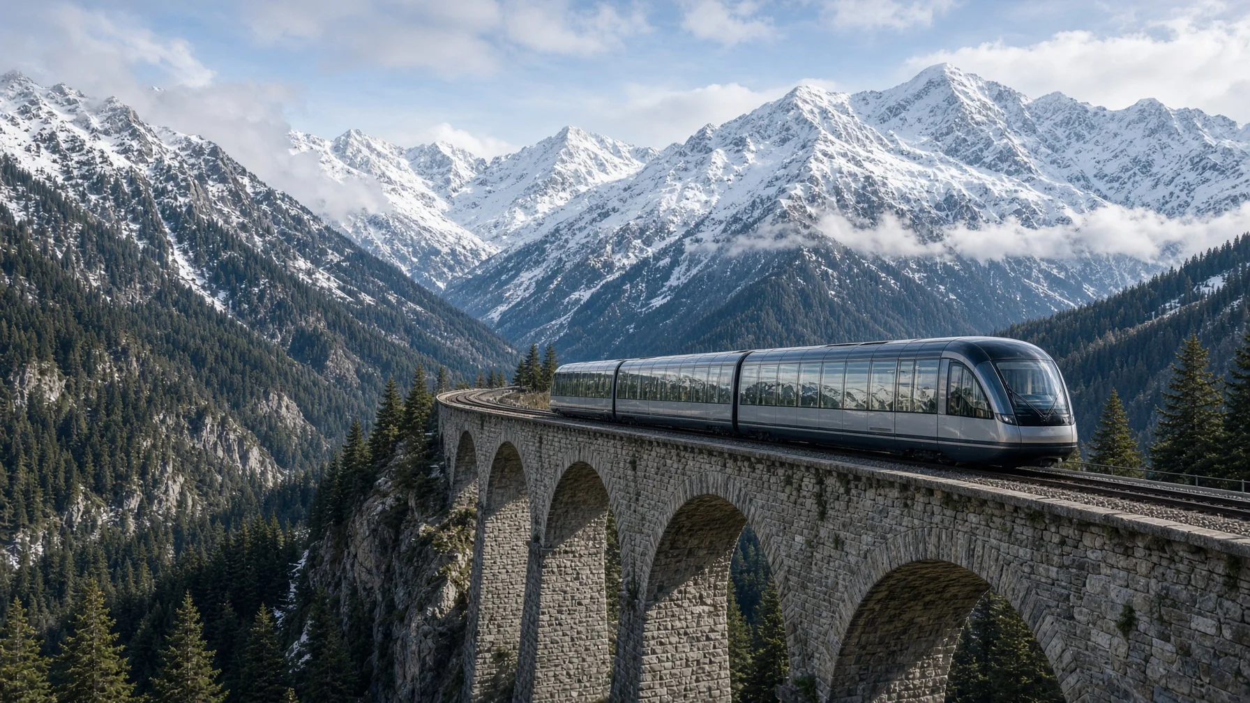 Panoramic railway carriage crossing a stone viaduct above an alpine valley with snow covered peaks behind, editorial travel photography