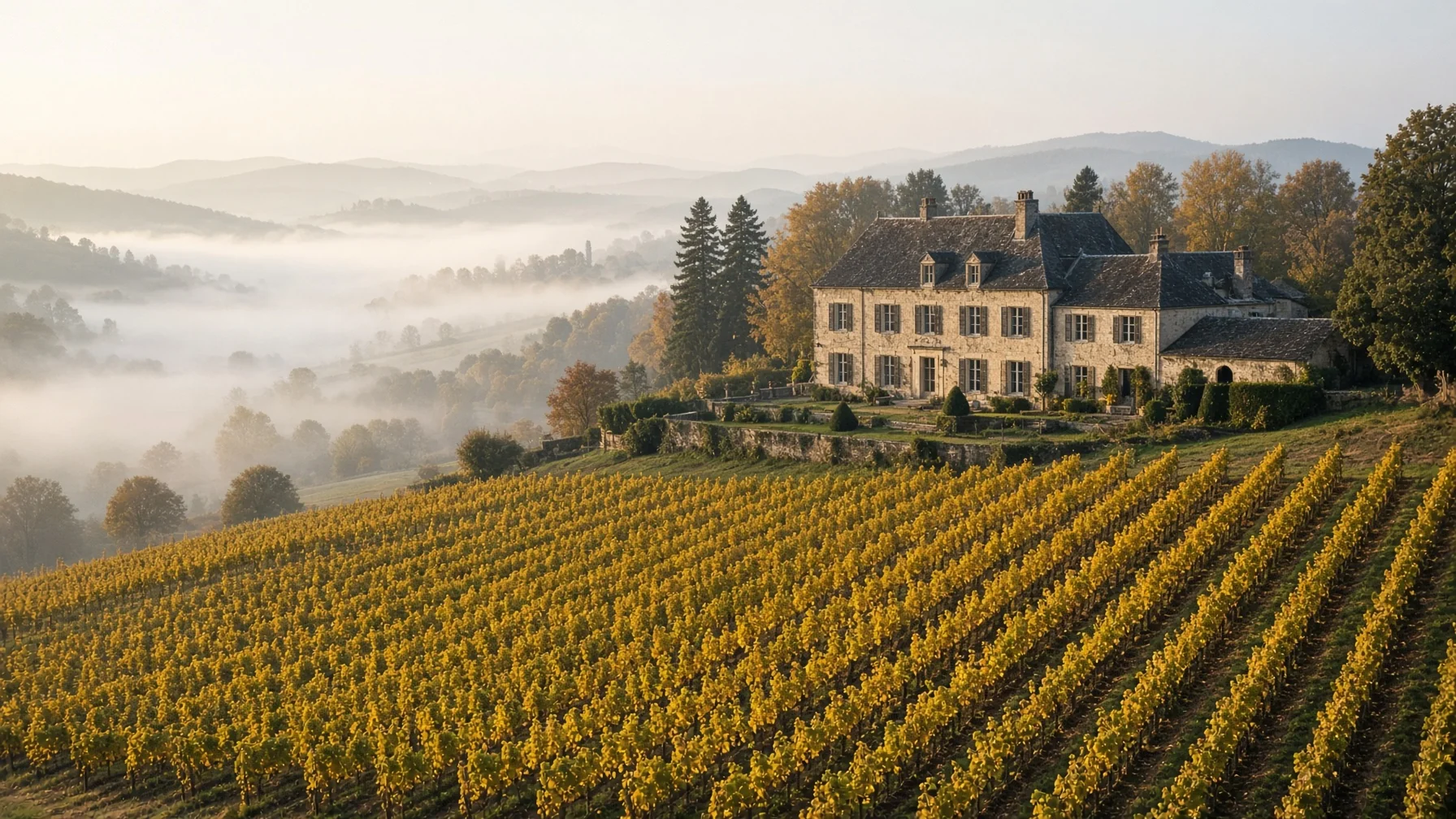 European wine regions - rows of vines turning gold across rolling hills with a stone estate house and morning mist in the valley, editorial luxury travel photography