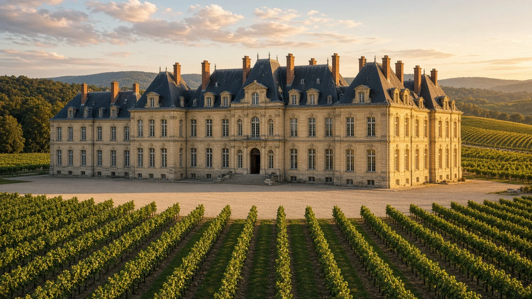 Grand château facade with formal gravel courtyard surrounded by vineyard rows under warm late afternoon light, editorial travel photography