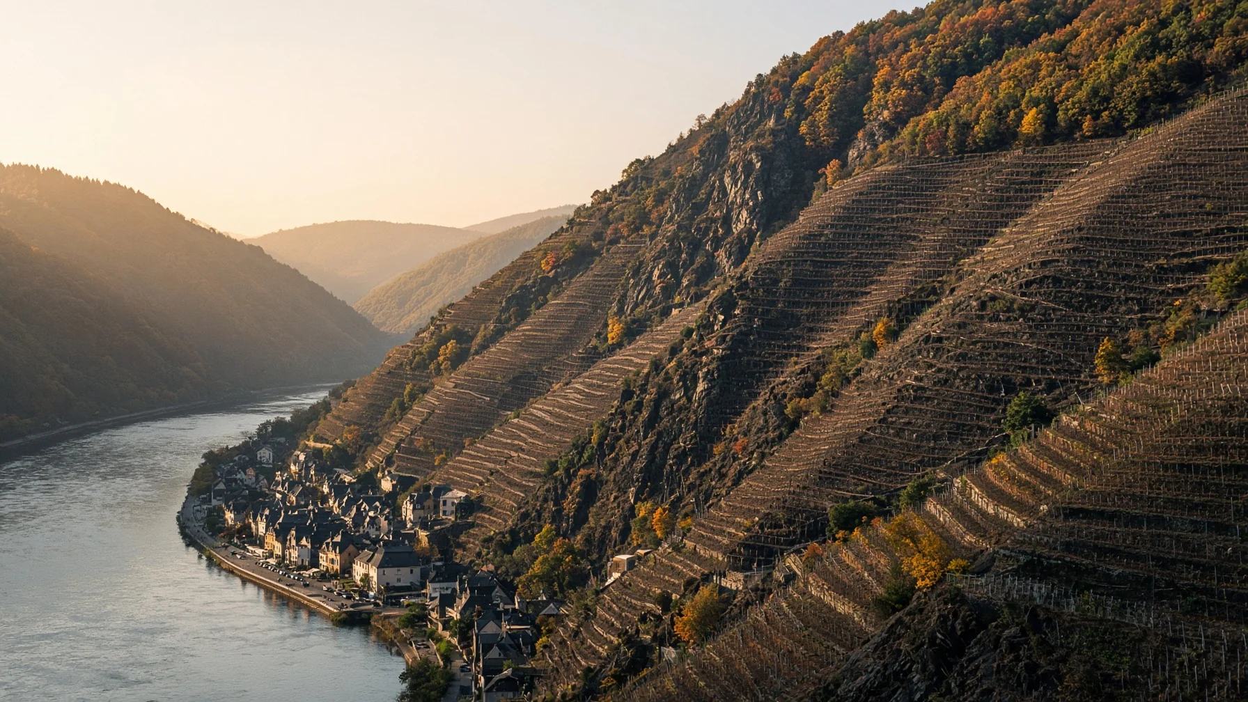 Extremely steep slate vineyard slope above a curving river with a small village at the water's edge in autumn light, editorial travel photography