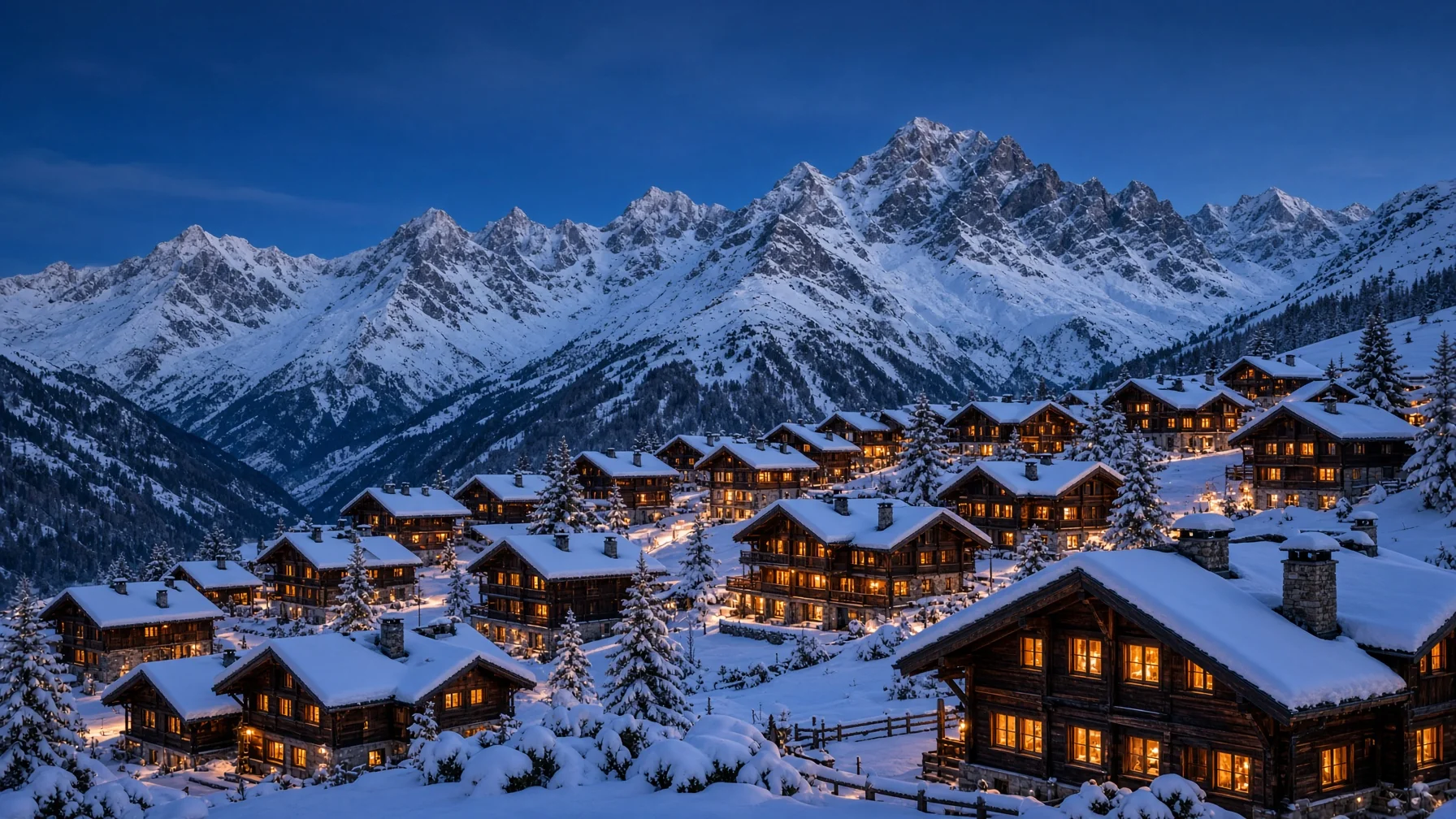 Luxury ski resorts Europe - alpine village of timber chalets under snow with lit windows and high peaks behind at blue hour, editorial luxury travel photography