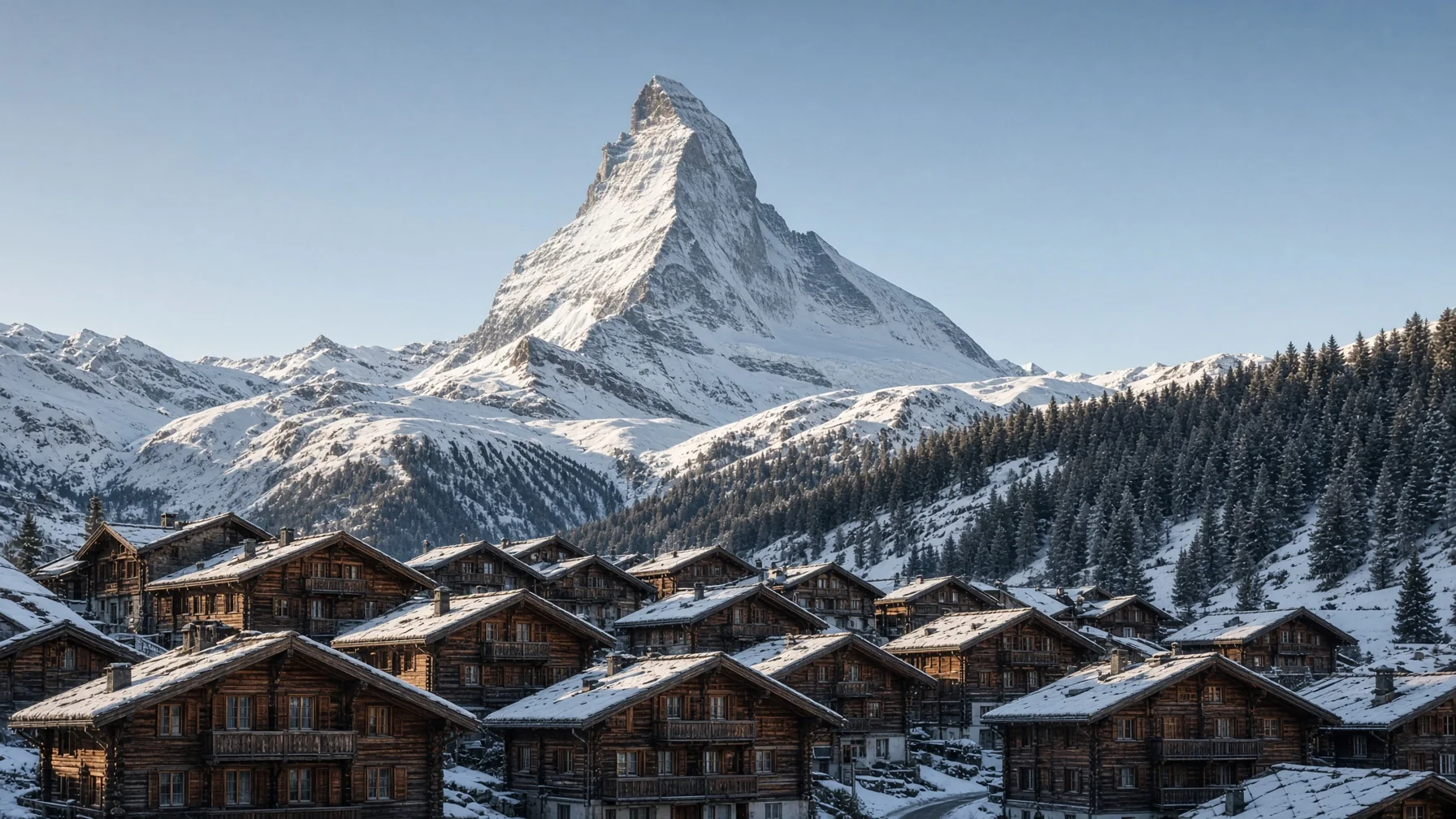 Car free alpine village of dark timber chalets with a distinctive pyramid peak rising behind in cold morning light, editorial travel photography