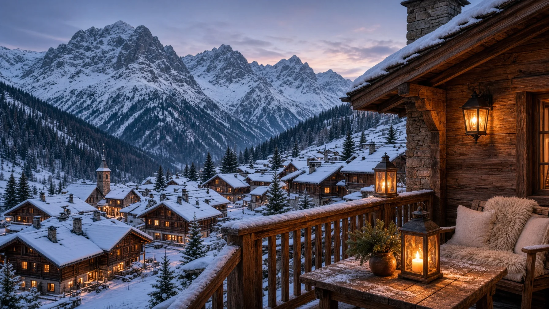 Warm lit chalet terrace with lanterns and snow covered roofs in a village street at dusk with mountains behind, editorial travel photography