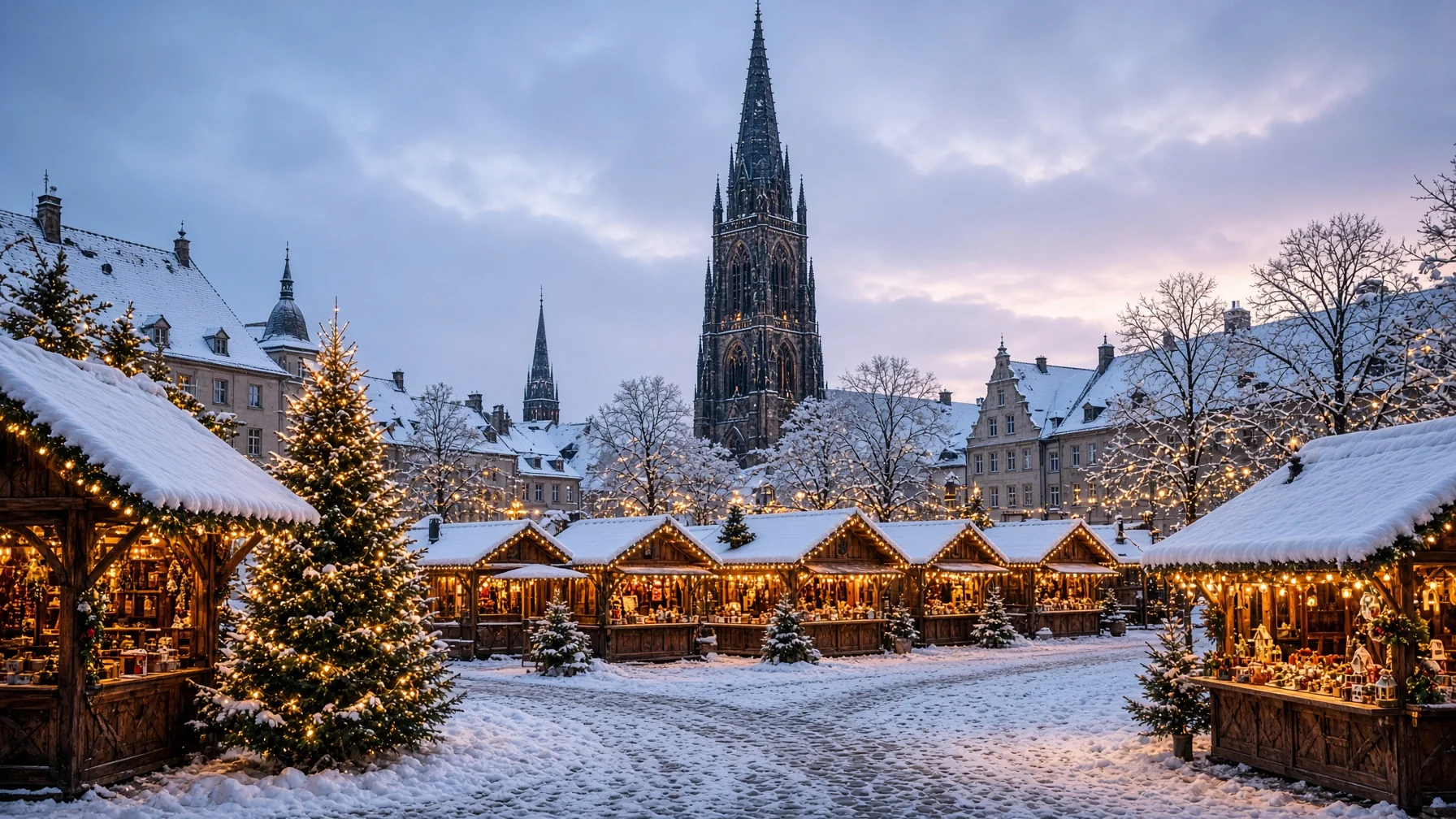 European christmas markets - lit wooden stalls filling a historic old town square in the snow at dusk with a gothic tower above, editorial luxury travel photography