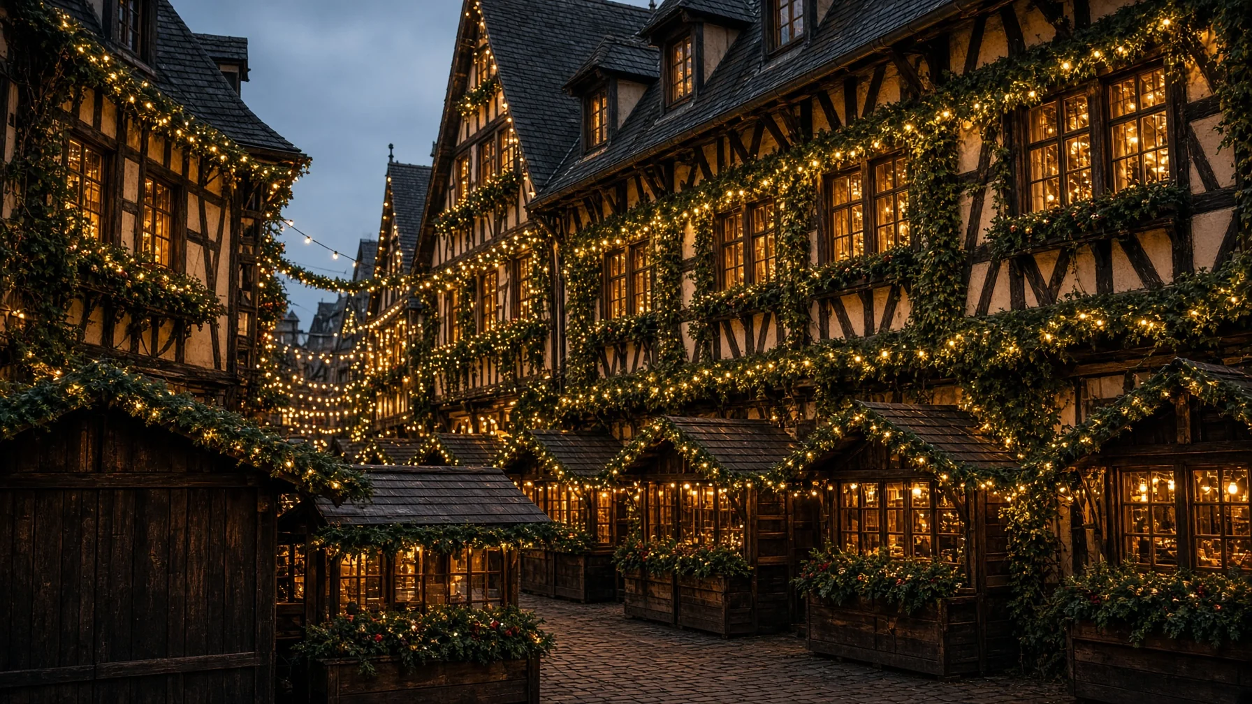 Narrow street of timber framed houses draped with garlands and warm lights above small wooden stalls in the evening, editorial travel photography