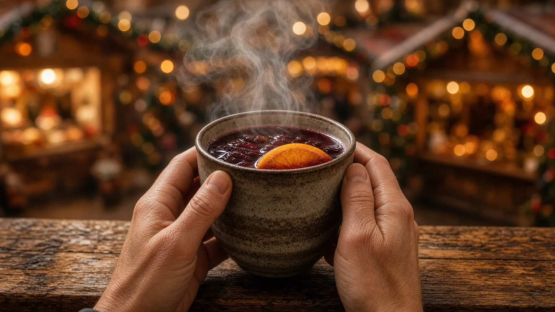 Ceramic mug of steaming mulled wine held above a wooden counter with lit stalls out of focus behind, editorial food travel photography