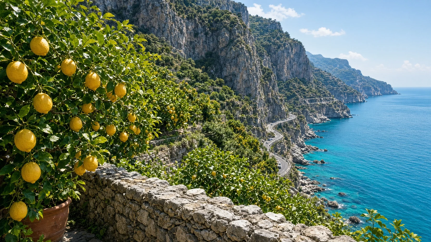 Amalfi Coast cliffside terrace with lemon trees and turquoise sea below in high summer light, curved coastal road visible in distance, editorial travel photography