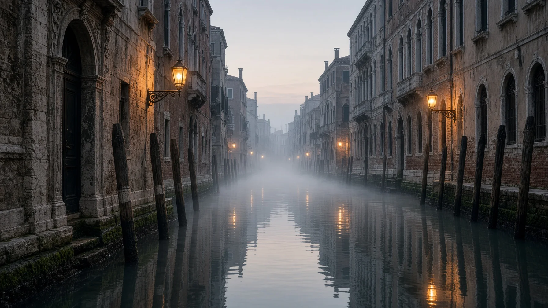 Empty Venetian canal at dawn in winter with mist over the water and lantern light on stone facades, quiet off-season city photography