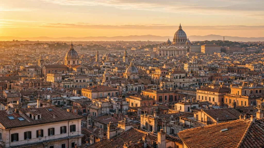 Things to do in Rome — rooftop view over Roman domes and terracotta rooftops at golden hour with St. Peter's dome on the hori