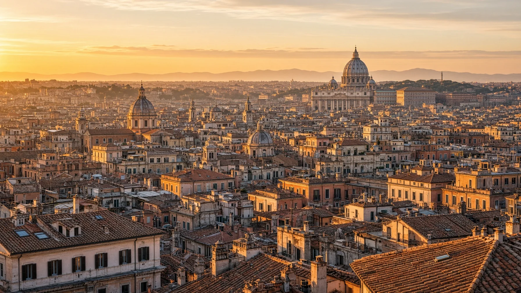 Things to do in Rome — rooftop view over Roman domes and terracotta rooftops at golden hour with St. Peter's dome on the horizon, editorial city travel photography