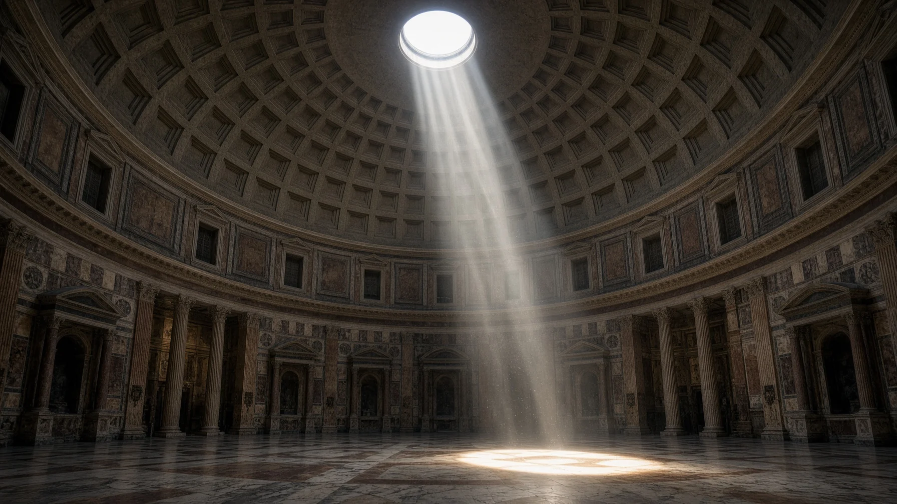 Interior of the Pantheon with sunlight beam falling through the open oculus onto marble floor and coffered dome above, atmospheric architectural photography