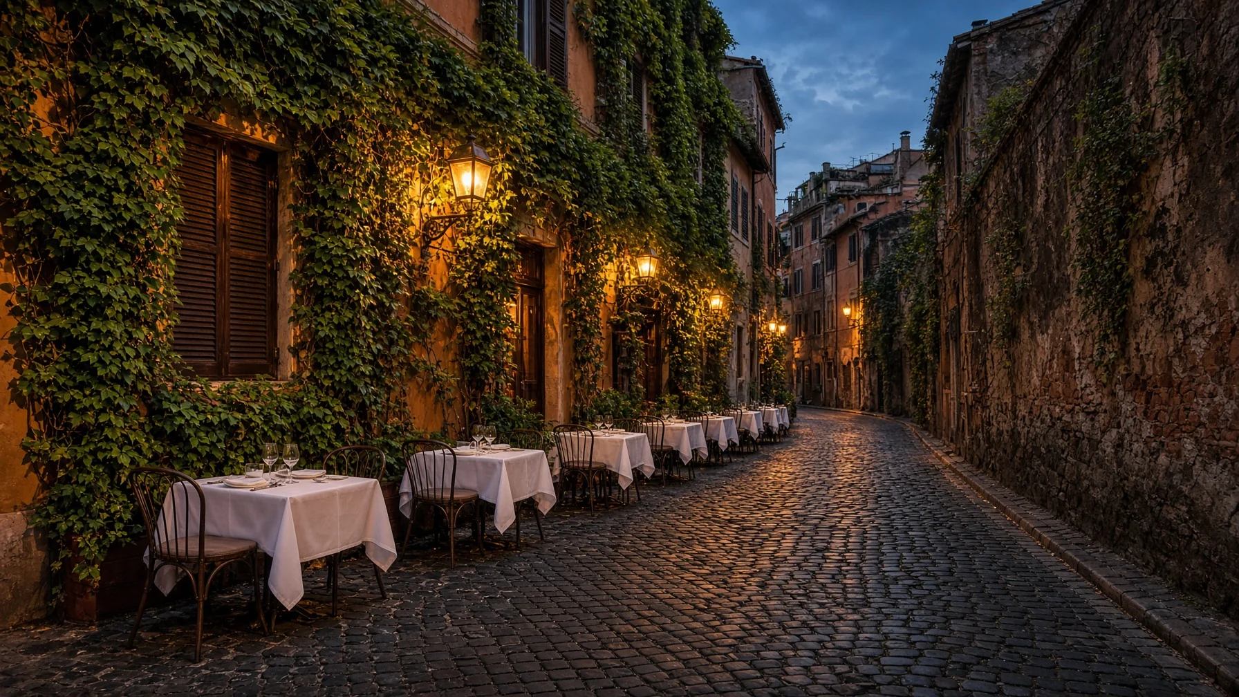 Narrow Trastevere street at dusk with ivy-covered facades, warm lantern light and outdoor tables set for dinner, evening neighborhood travel photography