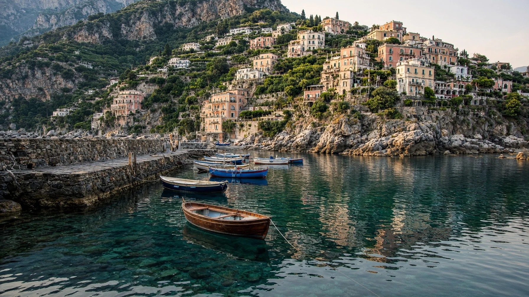 Small Amalfi Coast fishing cove with stone jetty, moored wooden boats and terraced cliff houses above calm clear water, quiet morning light, coastal travel photography