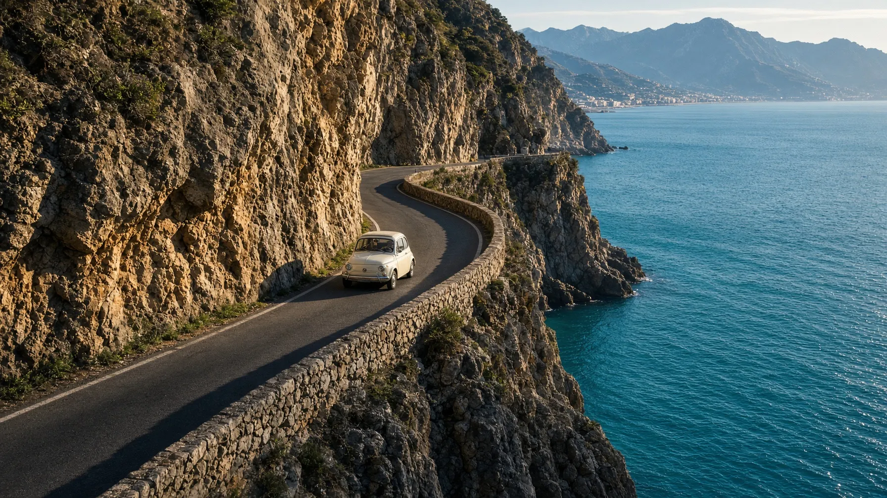 Narrow cliffside coastal road on the Amalfi Coast winding between rock face and sea drop with a single vehicle passing, dramatic afternoon light, travel photography