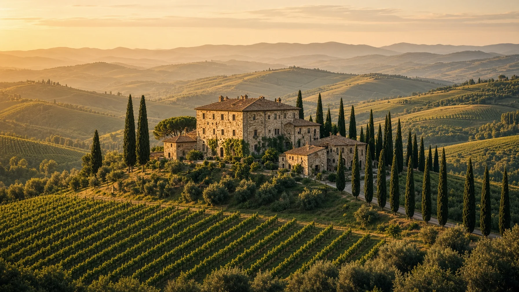 Tuscany luxury travel — stone country villa on a hilltop surrounded by vineyards and cypress avenues at golden hour, layered Tuscan hills behind, editorial travel photography