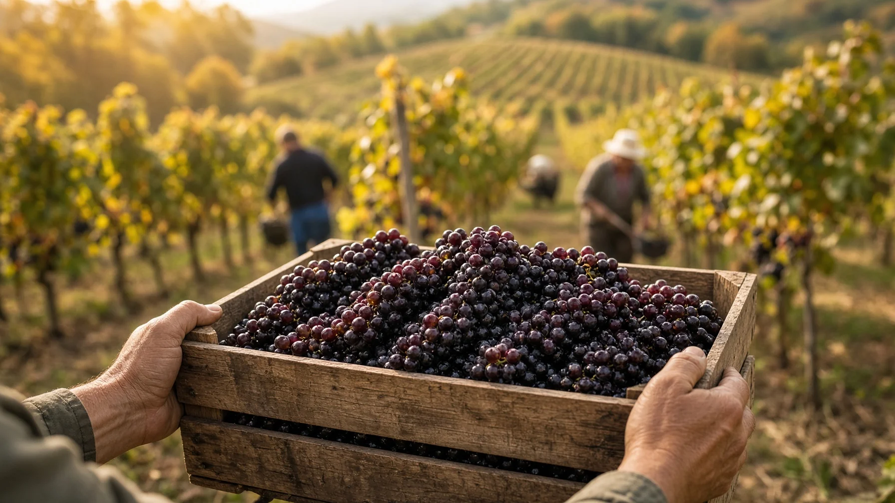 Hands holding freshly harvested Sangiovese grapes in a wooden crate at a Tuscan vineyard during harvest with vines and workers behind, warm autumn light, food and wine photography