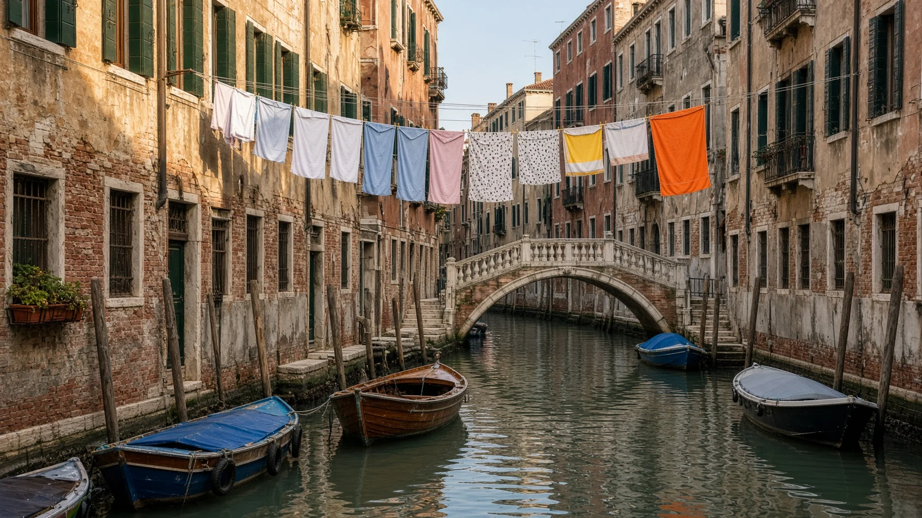 Quiet Cannaregio canal with laundry strung between residential facades, small bridge and moored boats in afternoon light, everyday Venetian neighborhood photography