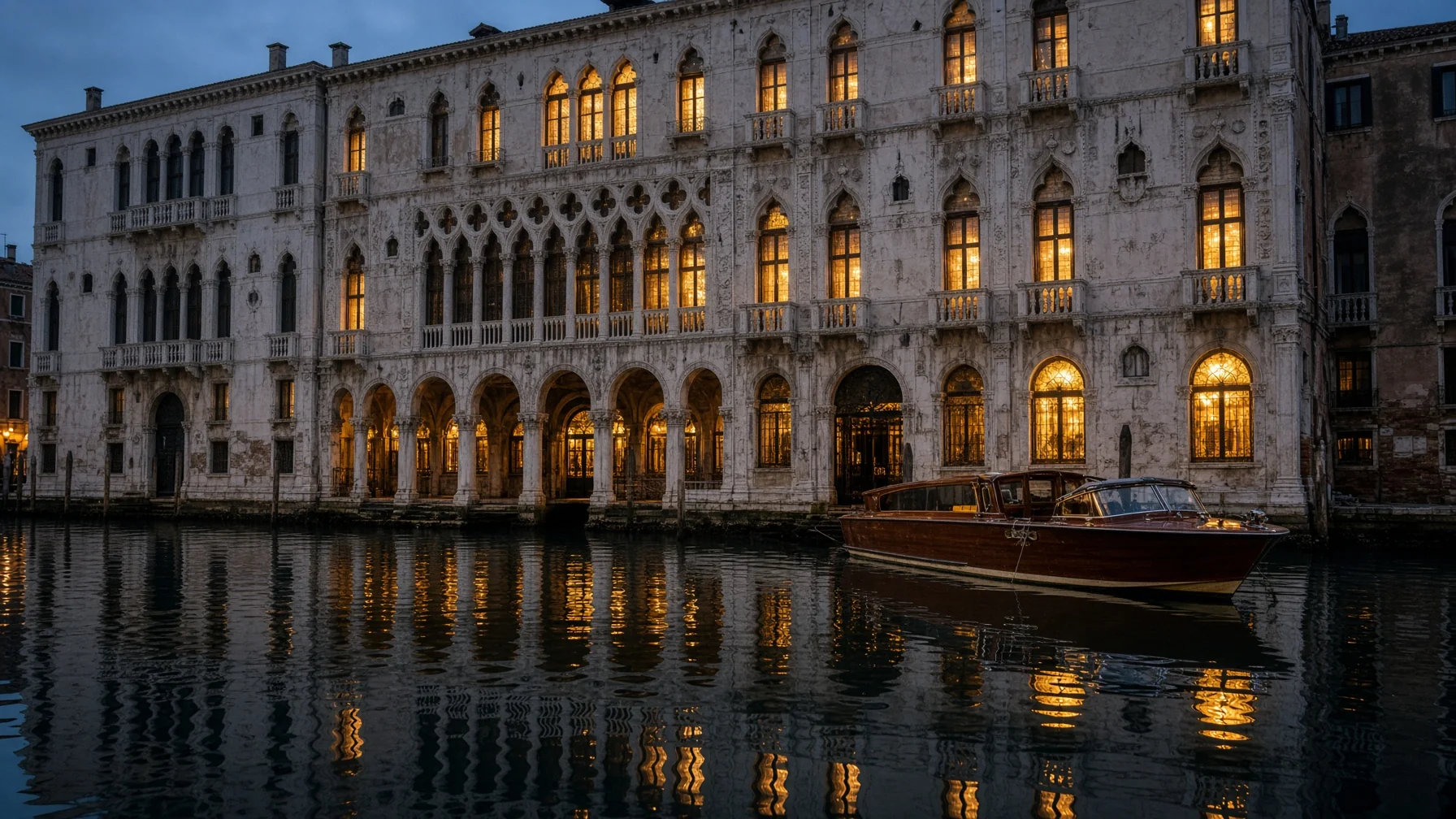 Grand Canal palazzo facade at dusk with lit windows reflected in dark water and a private boat moored at the water entrance, atmospheric evening travel photography