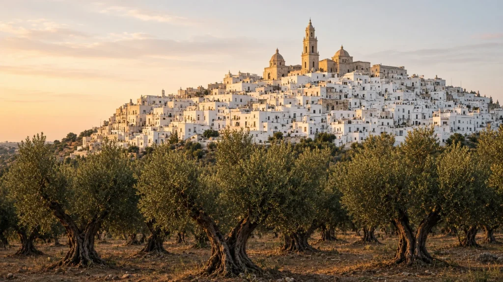Puglia luxury travel — whitewashed hilltop town of Ostuni rising above ancient olive groves under warm evening light, wide ed