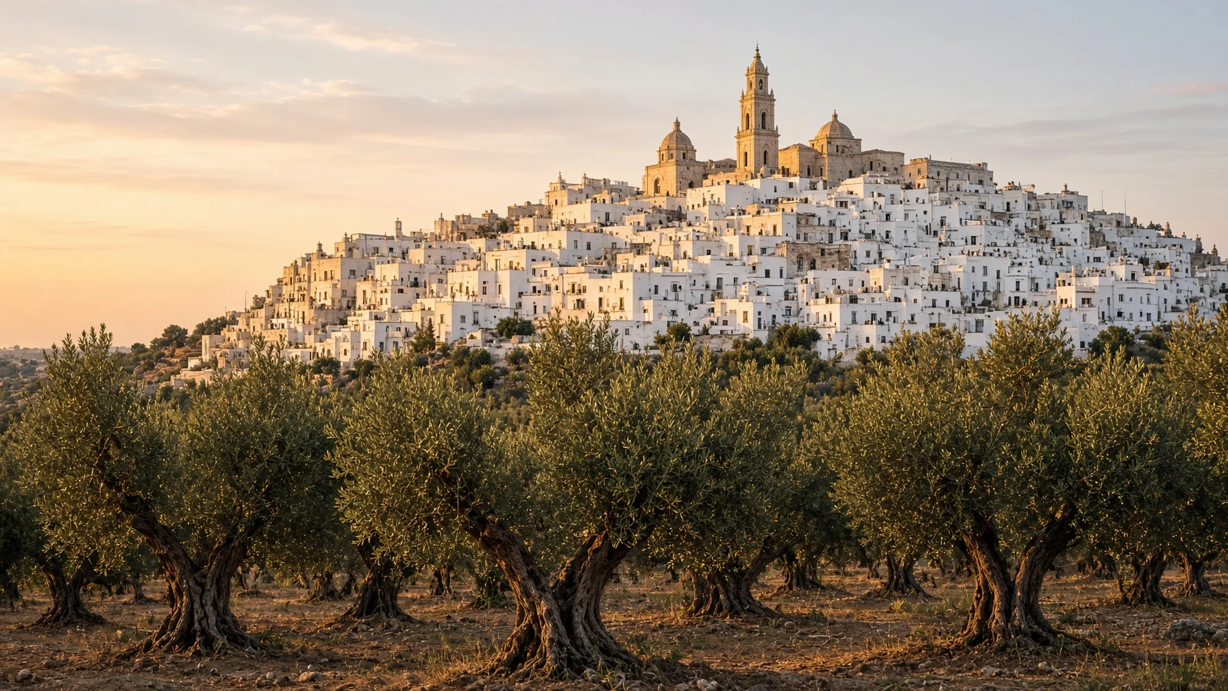 Puglia luxury travel — whitewashed hilltop town of Ostuni rising above ancient olive groves under warm evening light, wide editorial travel photography